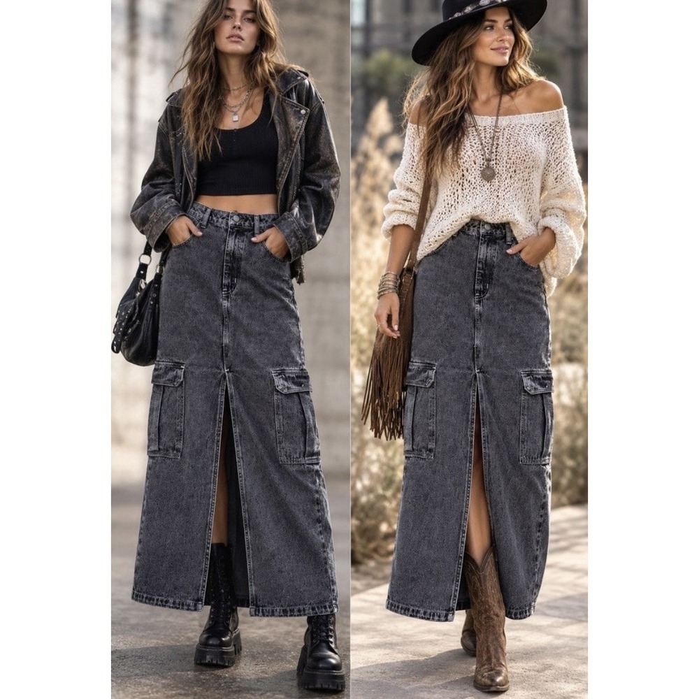 Love Fire Denim Maxi Skirt Sz 3 Cargo Pockets Blue Front Slit Belt Loops Western